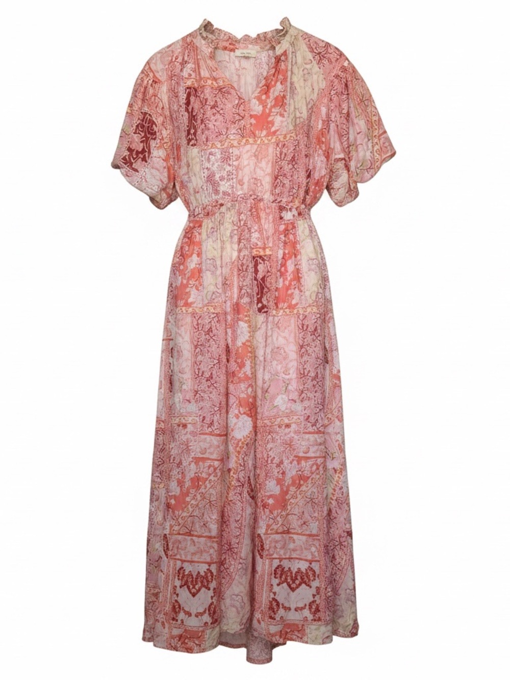 Umgee Boho Floral Patchwork Pink Coral Priaire Maxi High Low Dress L Flowy Summe
